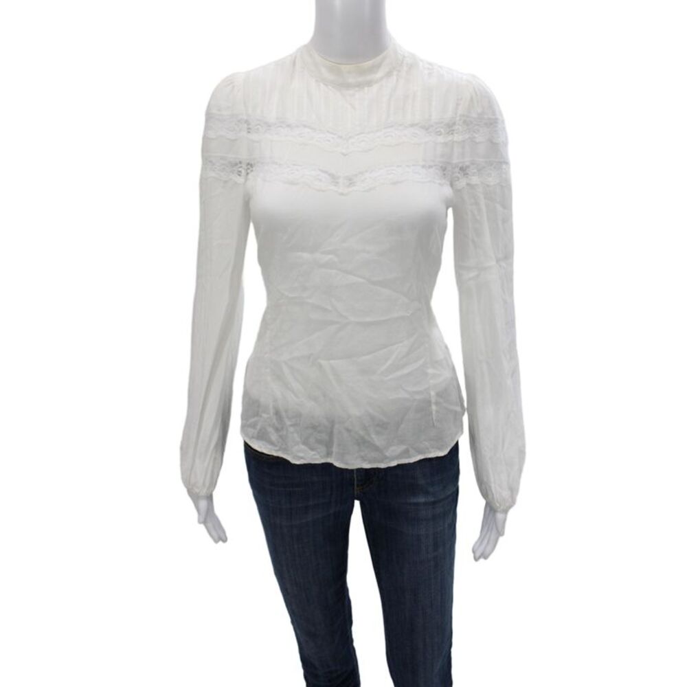 Reformation Womens White High Neck Button Tencel Long Sleeve Blouse Size XS